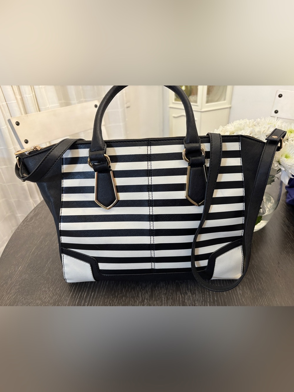 Aldo Black and White Striped Satchel with Gold Accents - Picture 2 of 12